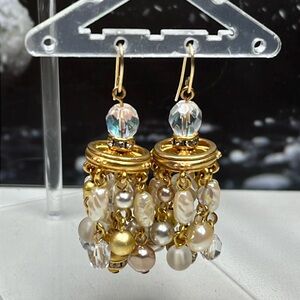 Gold tone faux pearl/bead tassel hook earrings